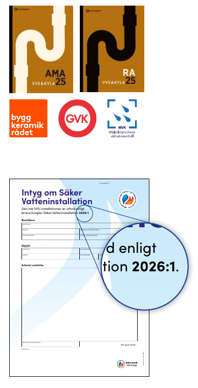 Samlingsbild med AMA och RA VVS & Kyla, samt logotyperna för Byggkeramikrådet, GVK och MVK.
